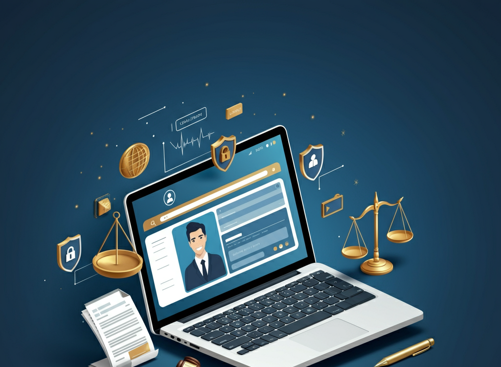 llustration of a legal consultation platform with lawyer profiles and legal icons.