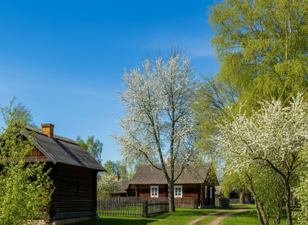A serene Lithuanian village with traditional wooden houses and lush greenery.