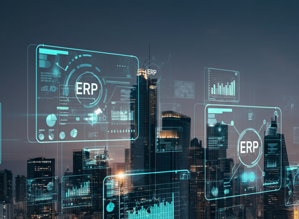 Futuristic cityscape of Nusaker with AI-driven ERP systems and digital overlays.
