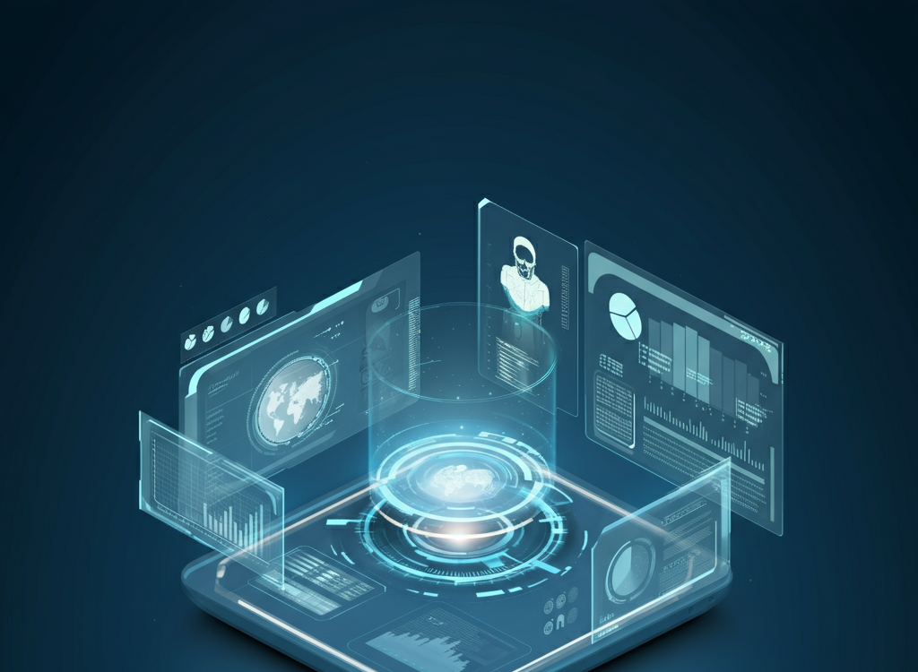 Futuristic marketing concept with AI and media integration.