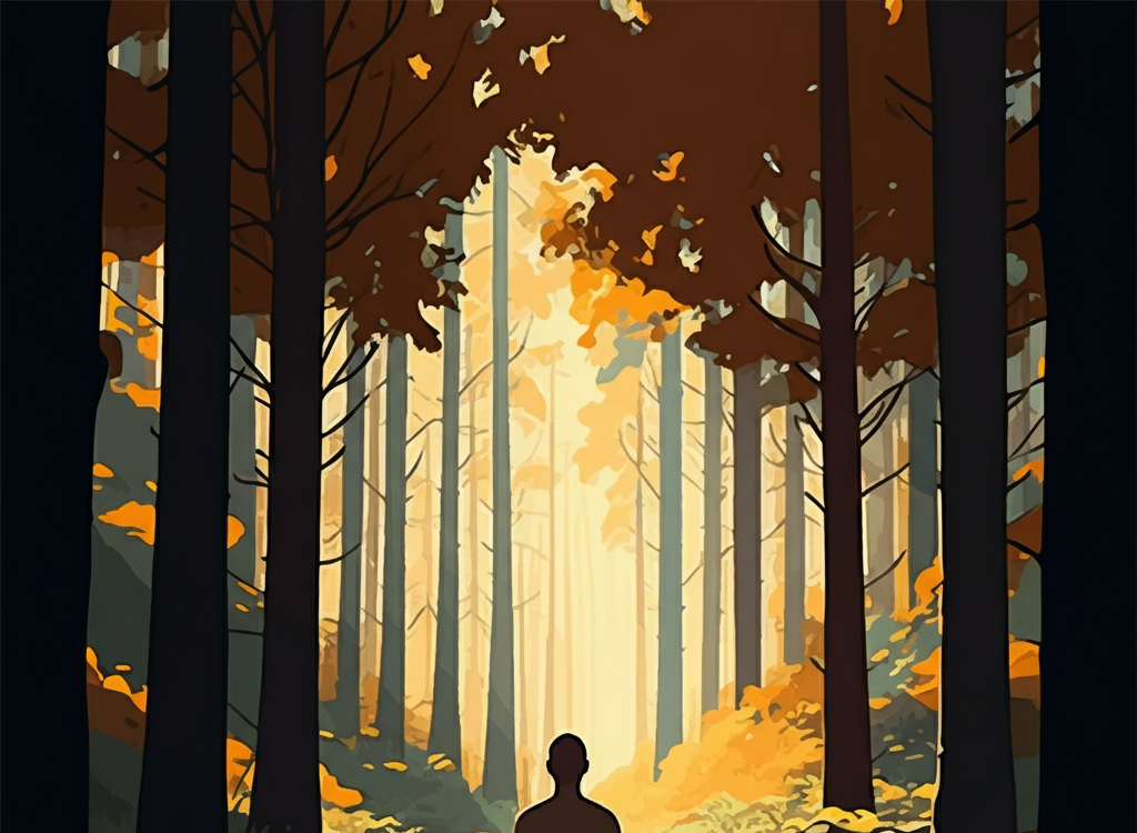 A person meditating in nature, symbolizing inner reflection and peace.