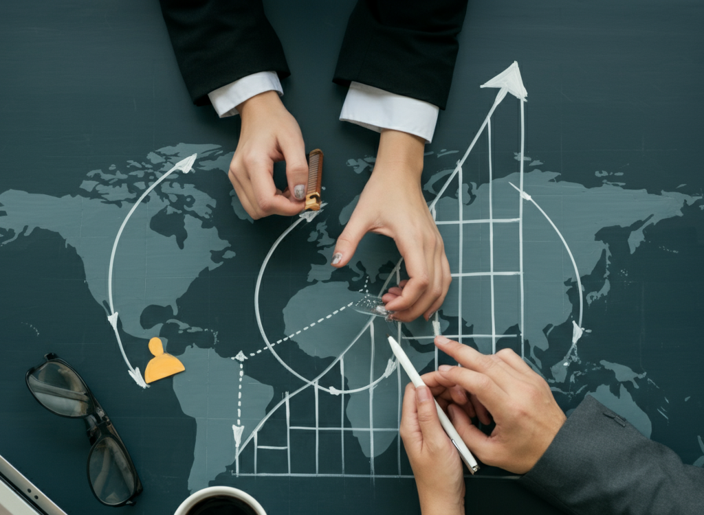 A modern illustration of business growth strategies with a world map, graphs, and a diverse team collaborating.