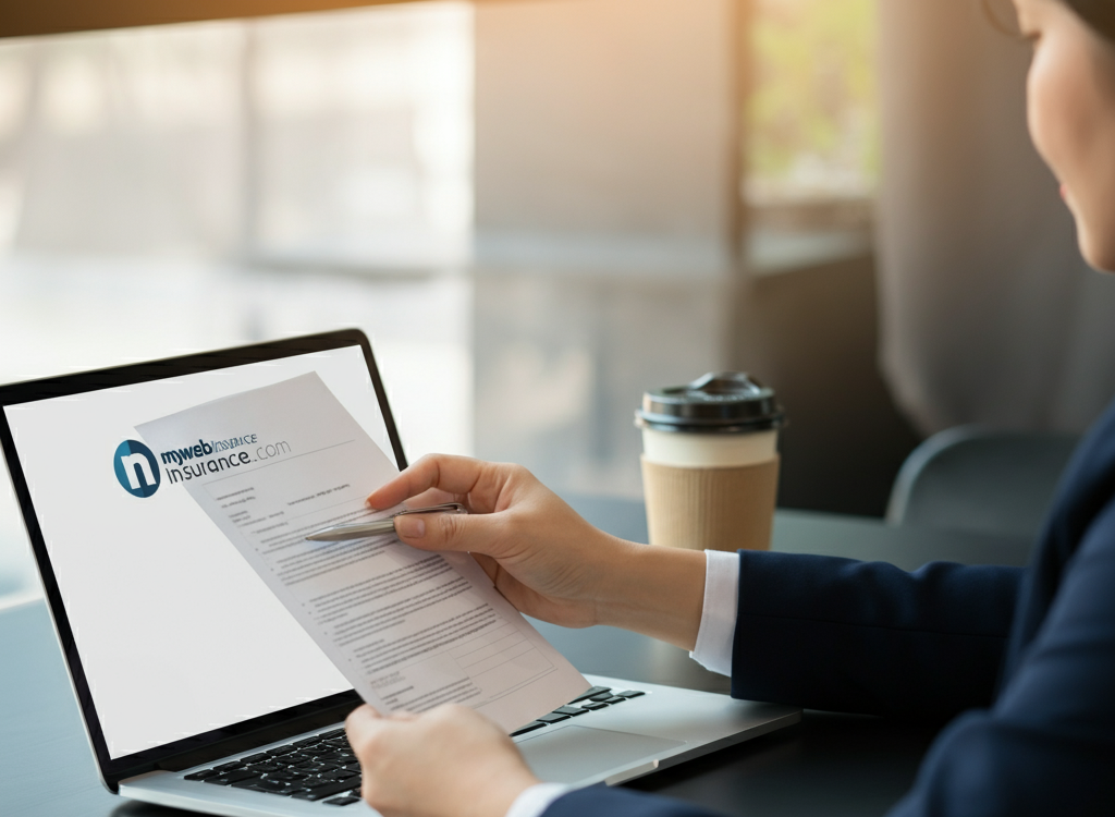 Small business owner reviewing insurance documents in a modern office.