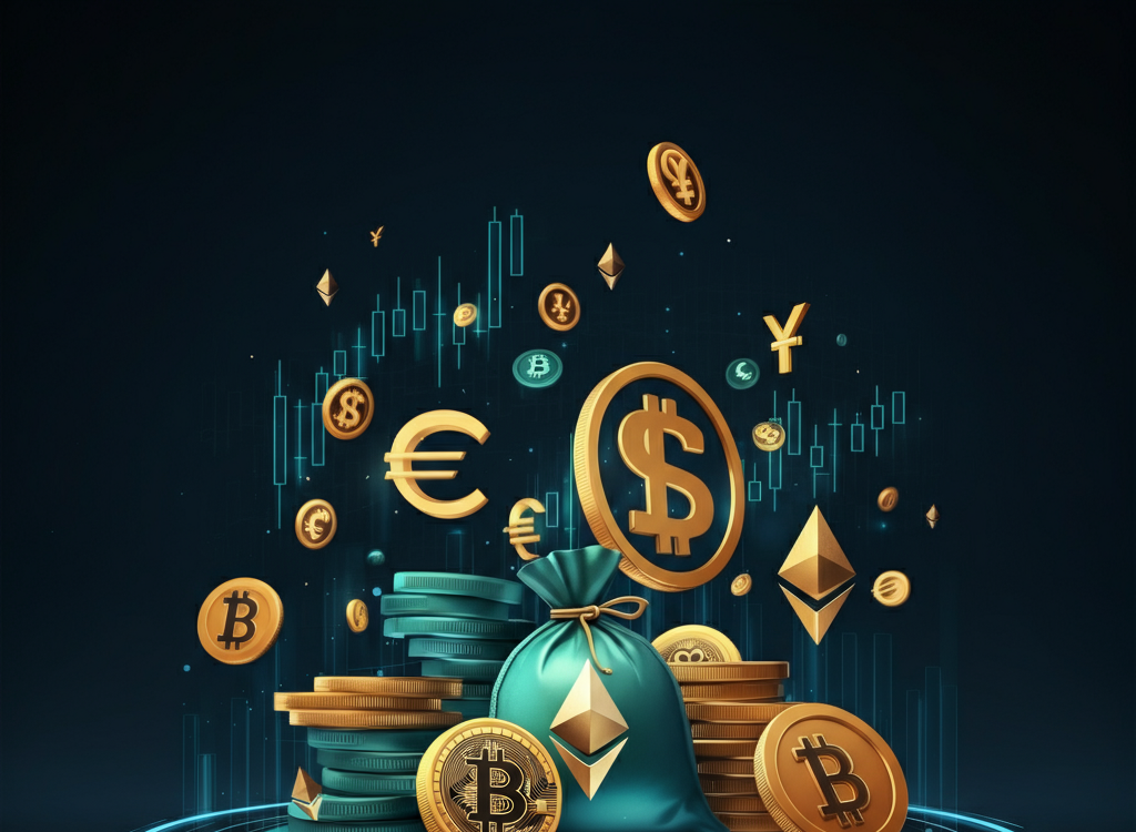 Illustration of cryptocurrency ETFs with Bitcoin, Ethereum, and stock market graphs.