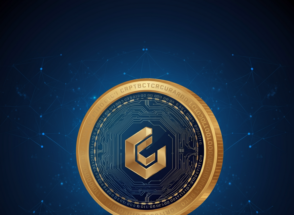 Digital cryptocurrency coin with blockchain network and futuristic financial theme.