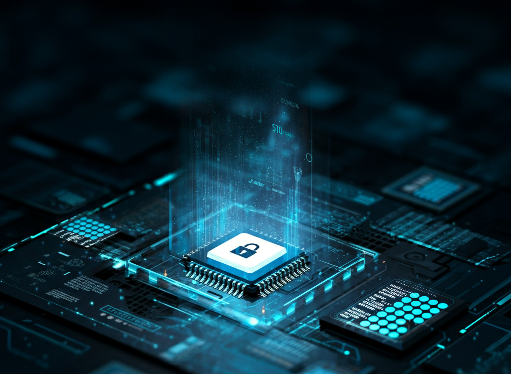A futuristic digital framework with glowing AI elements and data streams, symbolizing innovation and security.