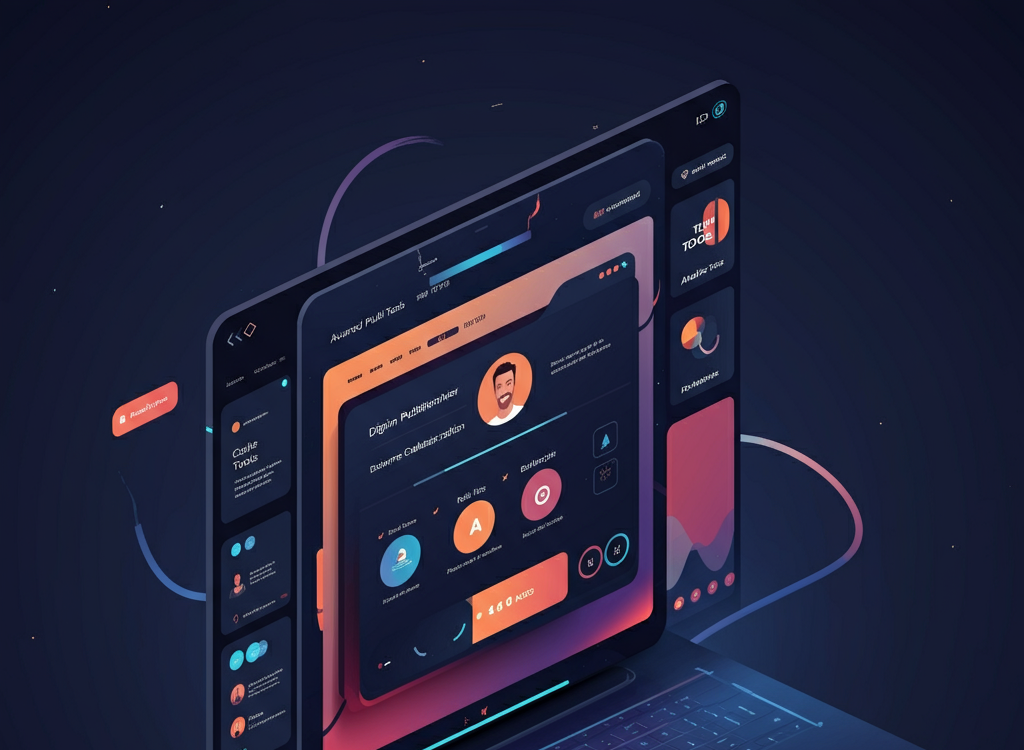 A sleek, modern interface showcasing AI tools, collaboration features, and analytics for digital publishing.