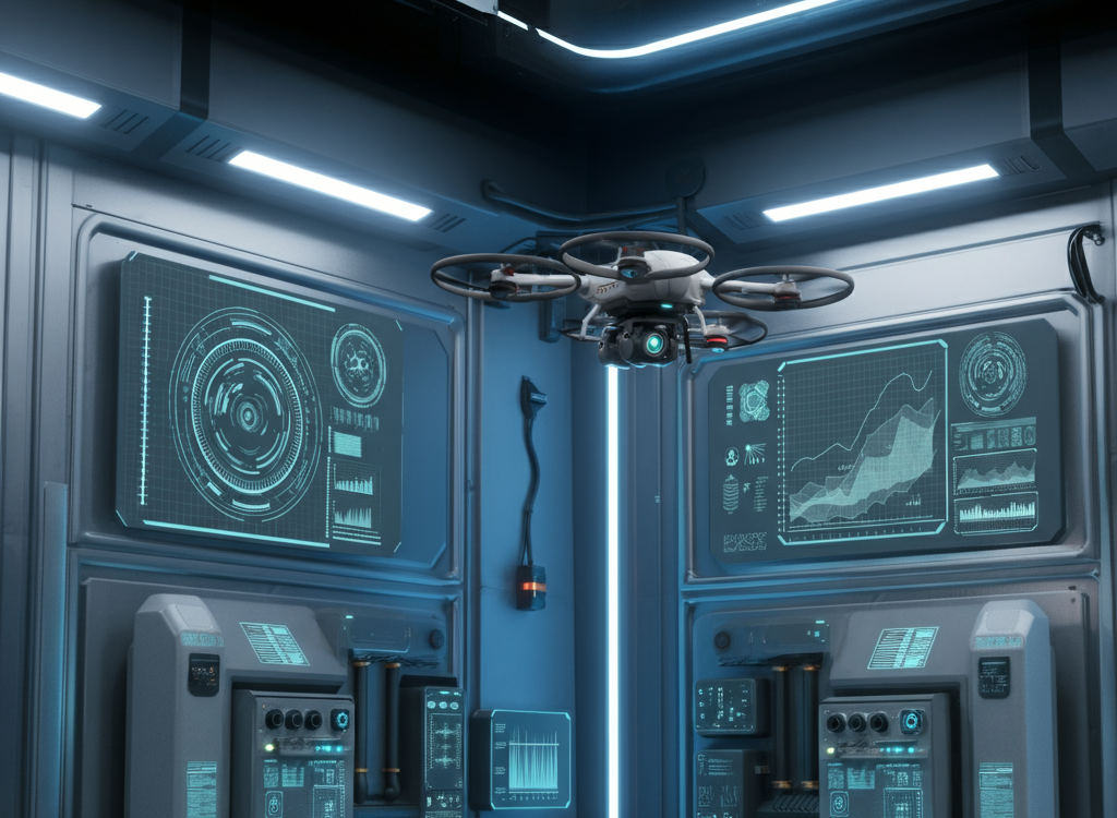 Futuristic high-tech inspection scene with advanced drones and digital equipment.