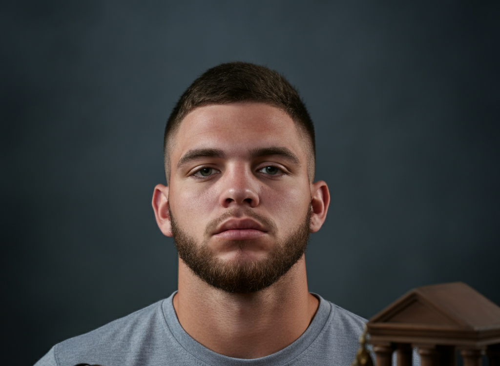 Legal and ethical themes with a blurred mugshot background