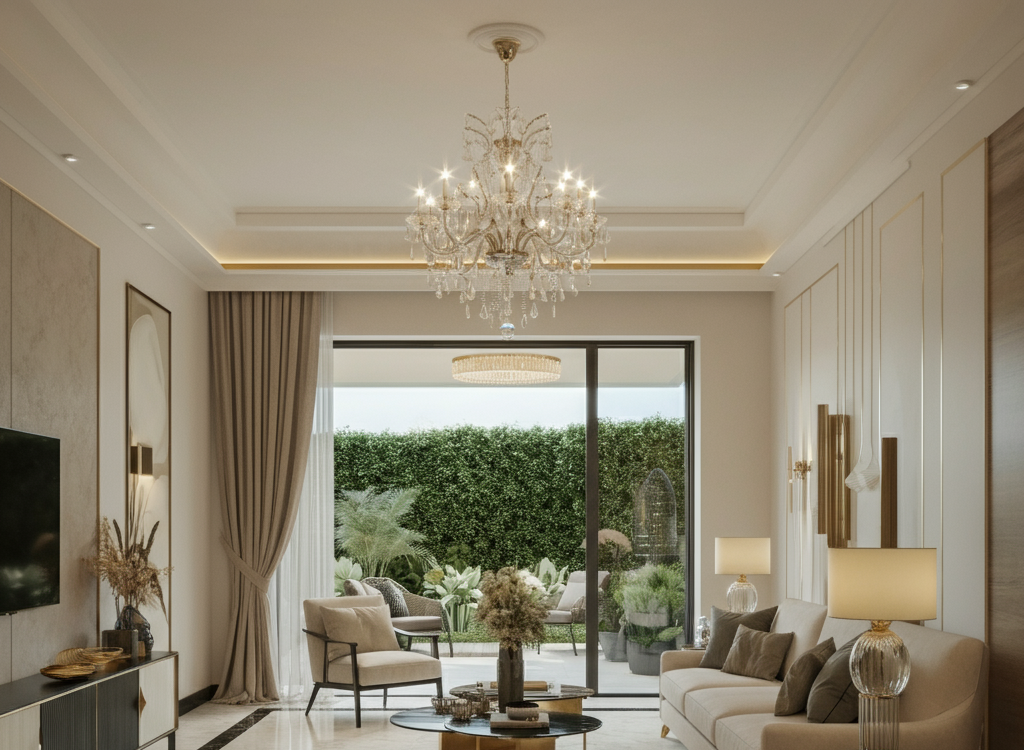 Luxurious modern living room with high-end furniture, marble flooring, and elegant lighting.