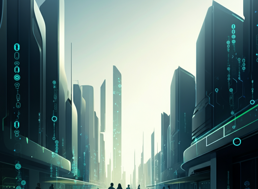 Futuristic illustration of Newtopy concept with technology and community.