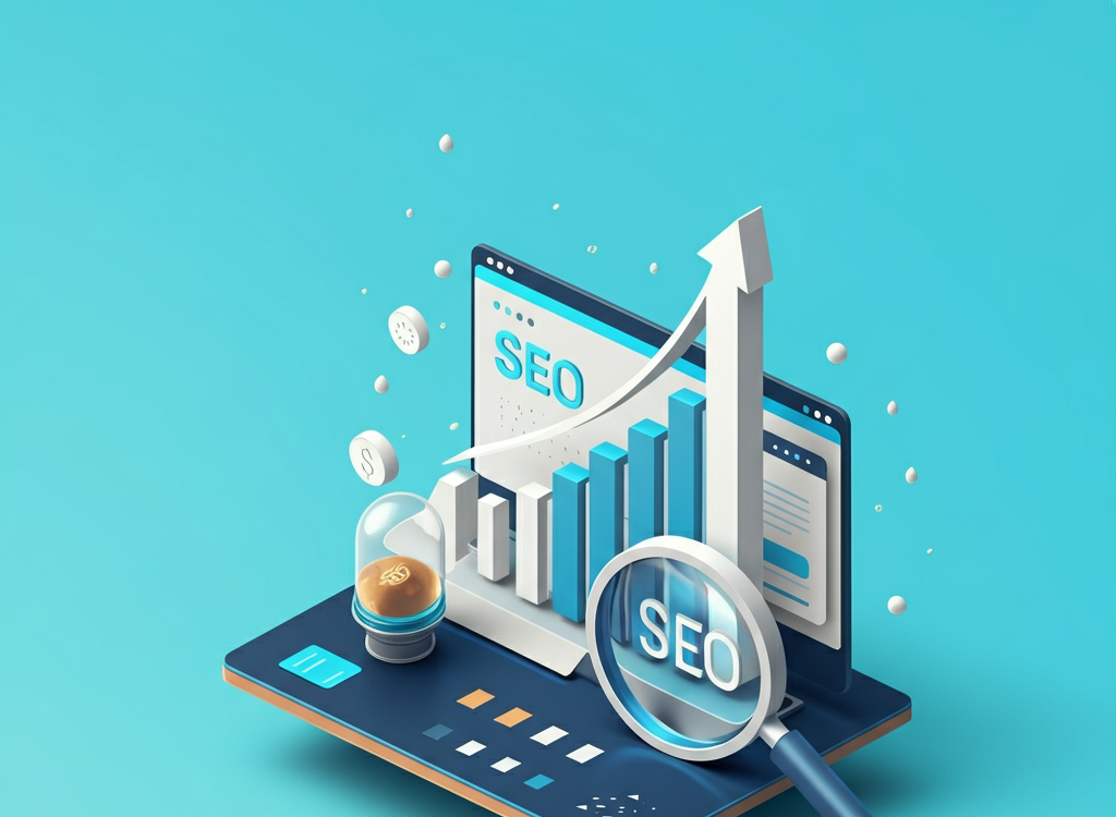 llustration of SEO optimization with a rising graph and magnifying glass.