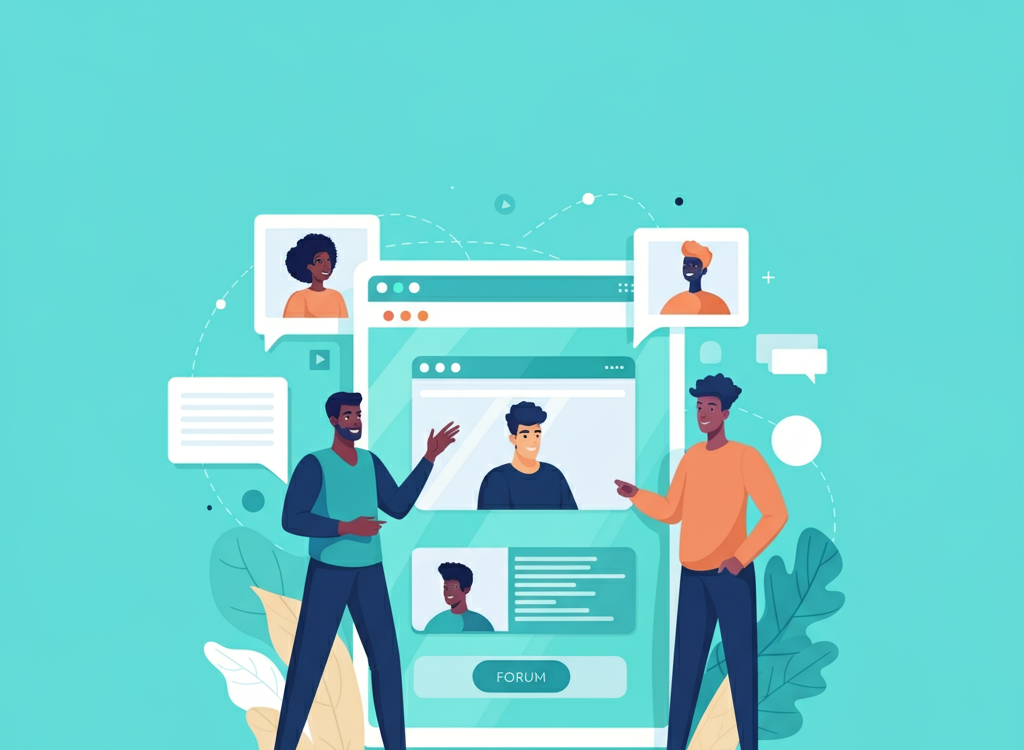 A modern digital forum interface with diverse people interacting, representing the Simpciry online community.