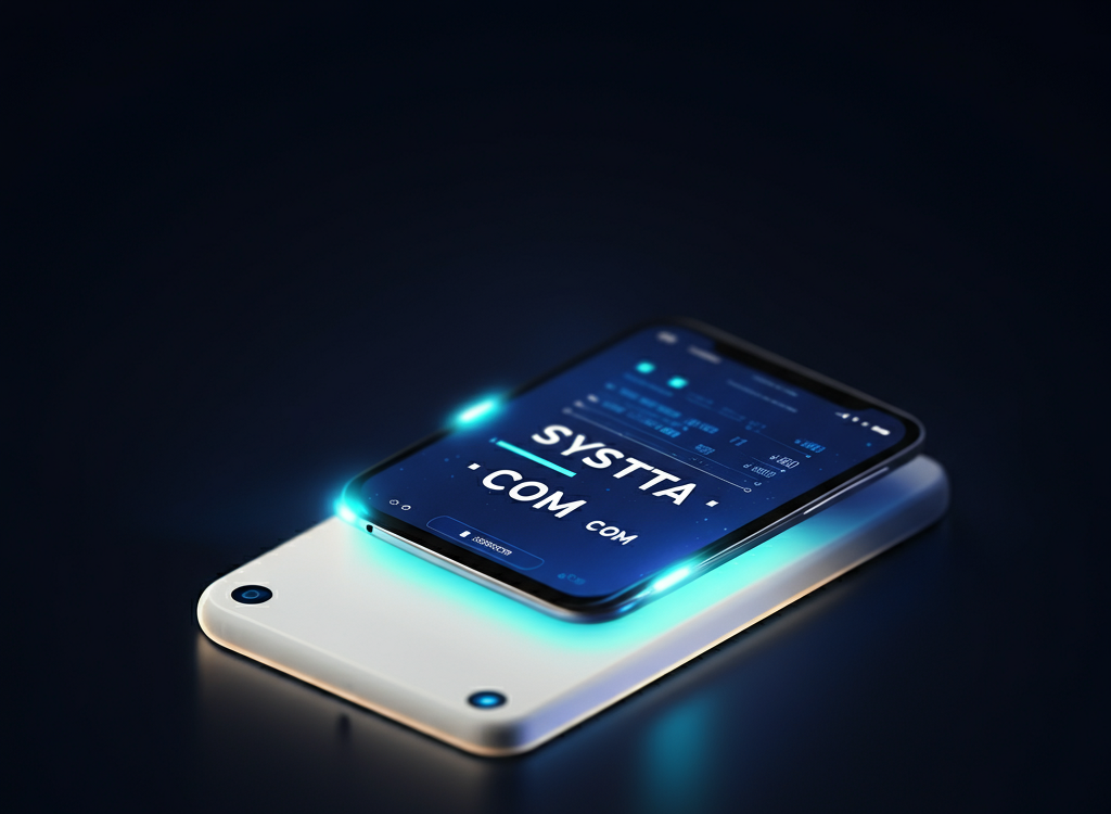 Futuristic digital interface with "Skystta com" glowing in blue tones.