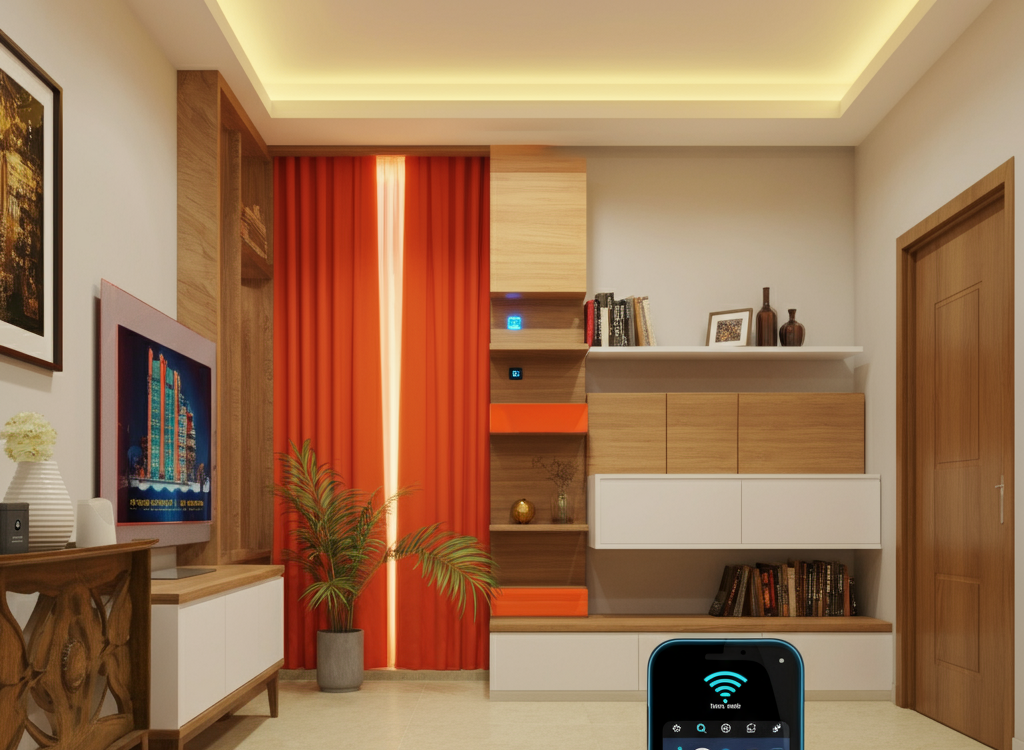 A modern Indian smart home with AI-powered devices, blending traditional decor with advanced technology.