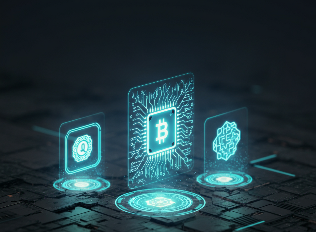 A futuristic digital landscape with glowing holographic elements representing AI, blockchain, and quantum computing in vibrant blue and green tones.
