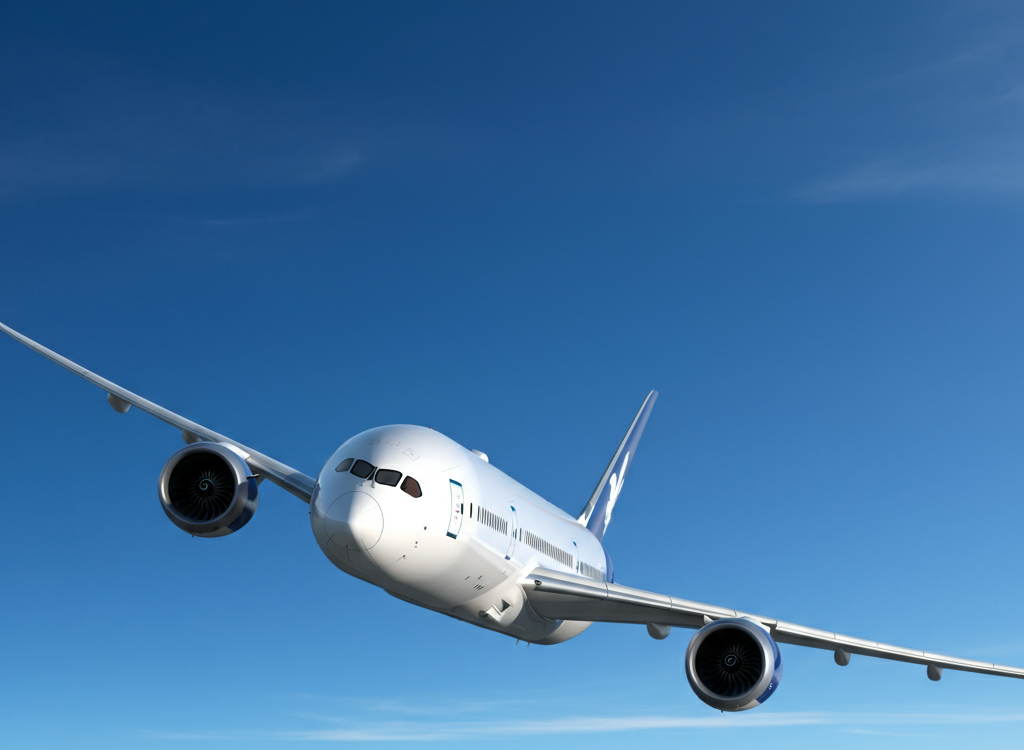 United Airlines Boeing 787-9 in flight under a clear blue sky.