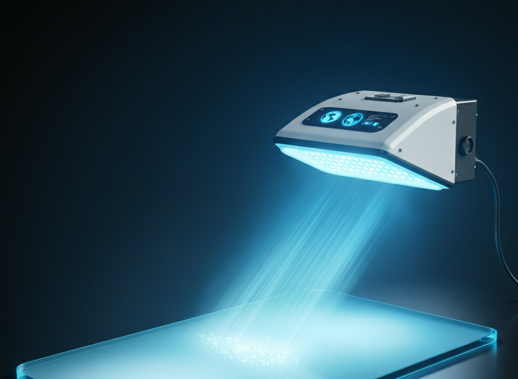 A sleek, glossy surface exposed to UV light, showcasing advanced UV protection and coating technology.