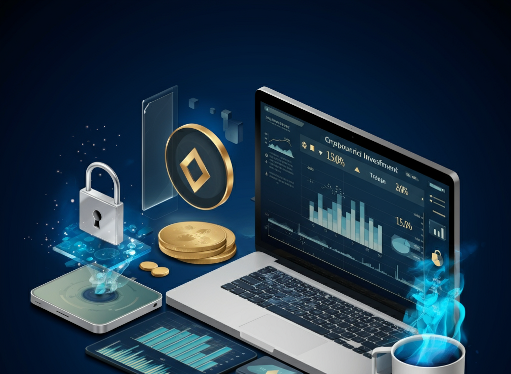 A futuristic cryptocurrency investment platform with digital assets, charts, and a secure interface.